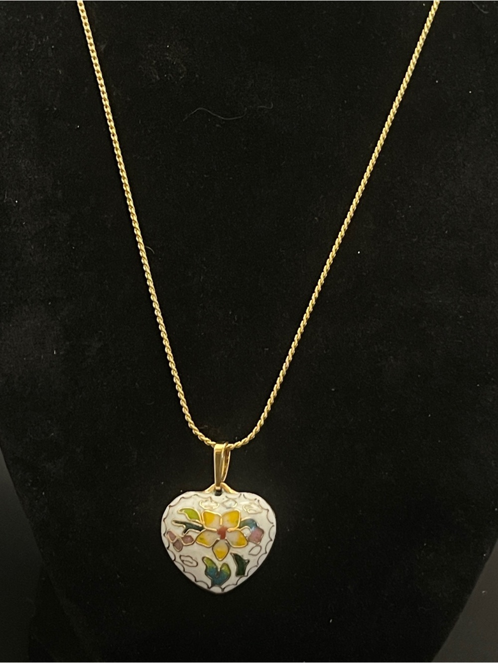 Vintage Cloisonne Puffy Heart Necklace Floral Enamel Signed SC 18” - Picture 3 of 16